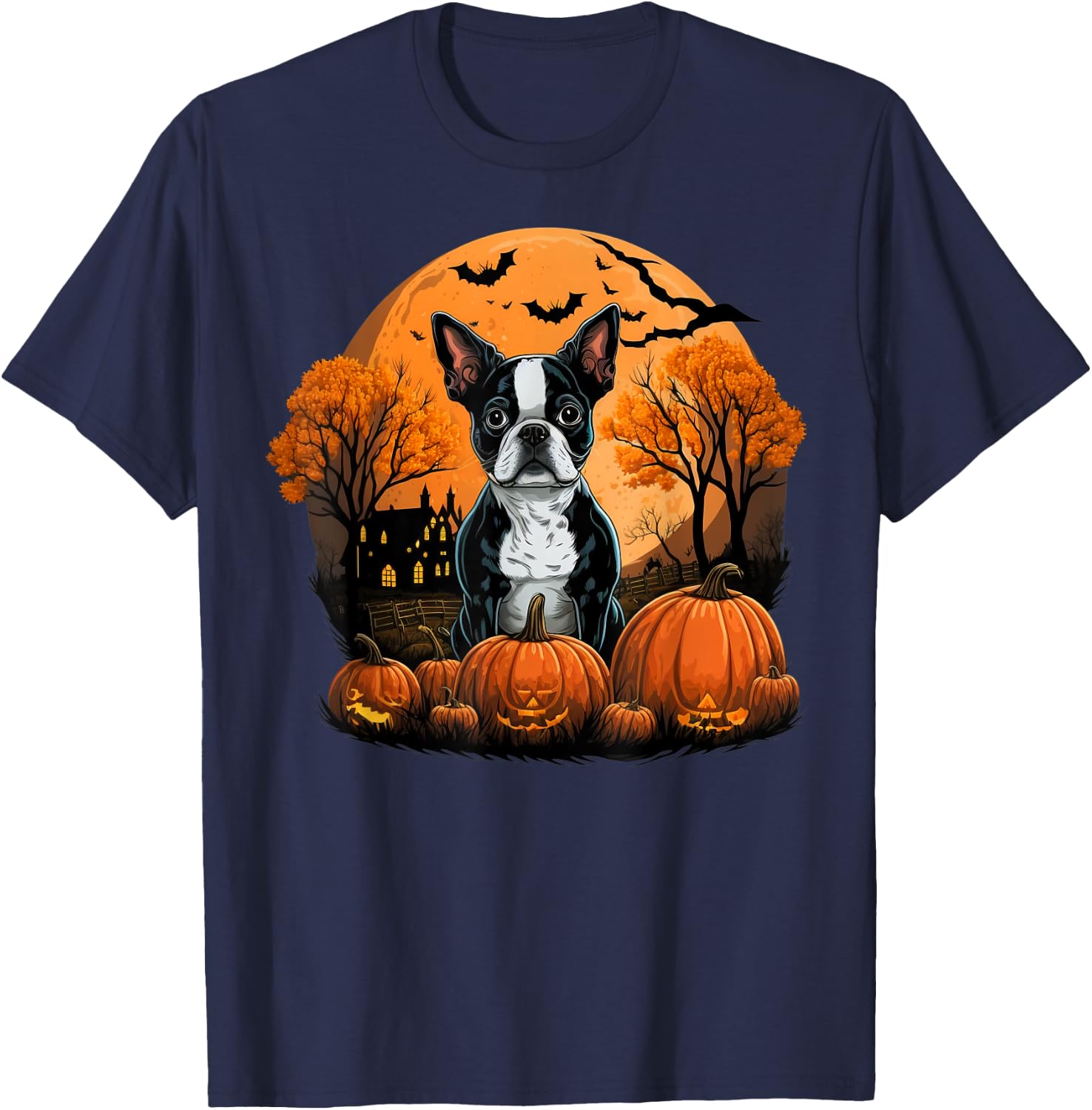 Pumpkin Boston Terrier costume on Boston Terrier Halloween T-Shirt - T-Shirt | Navy