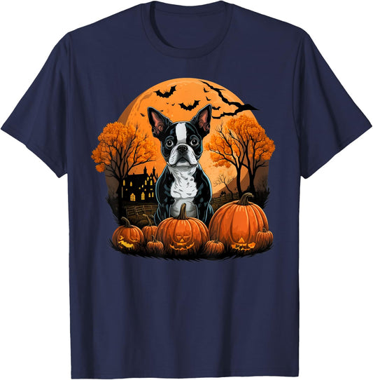 Pumpkin Boston Terrier costume on Boston Terrier Halloween T-Shirt - T-Shirt | Navy