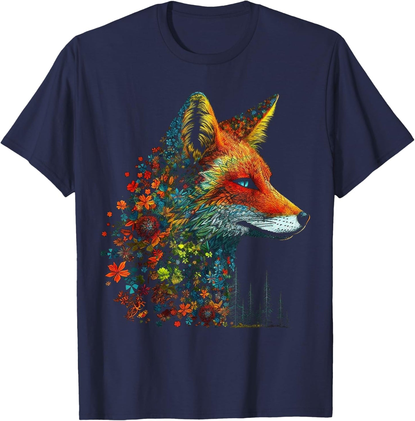 Fox Colourful Flowers - Blue Eyes Animal Art Fox T-Shirt - T-Shirt | Navy