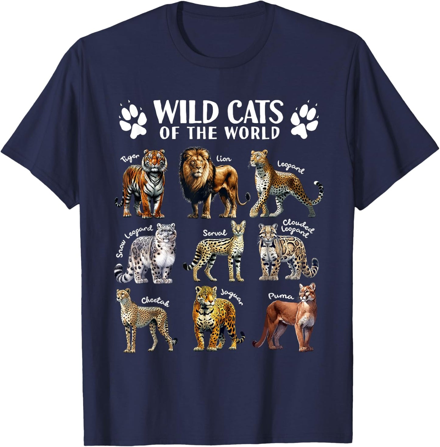 Wild Cats of the World Educational Animal Big Cat Types T-Shirt - T-Shirt | Navy