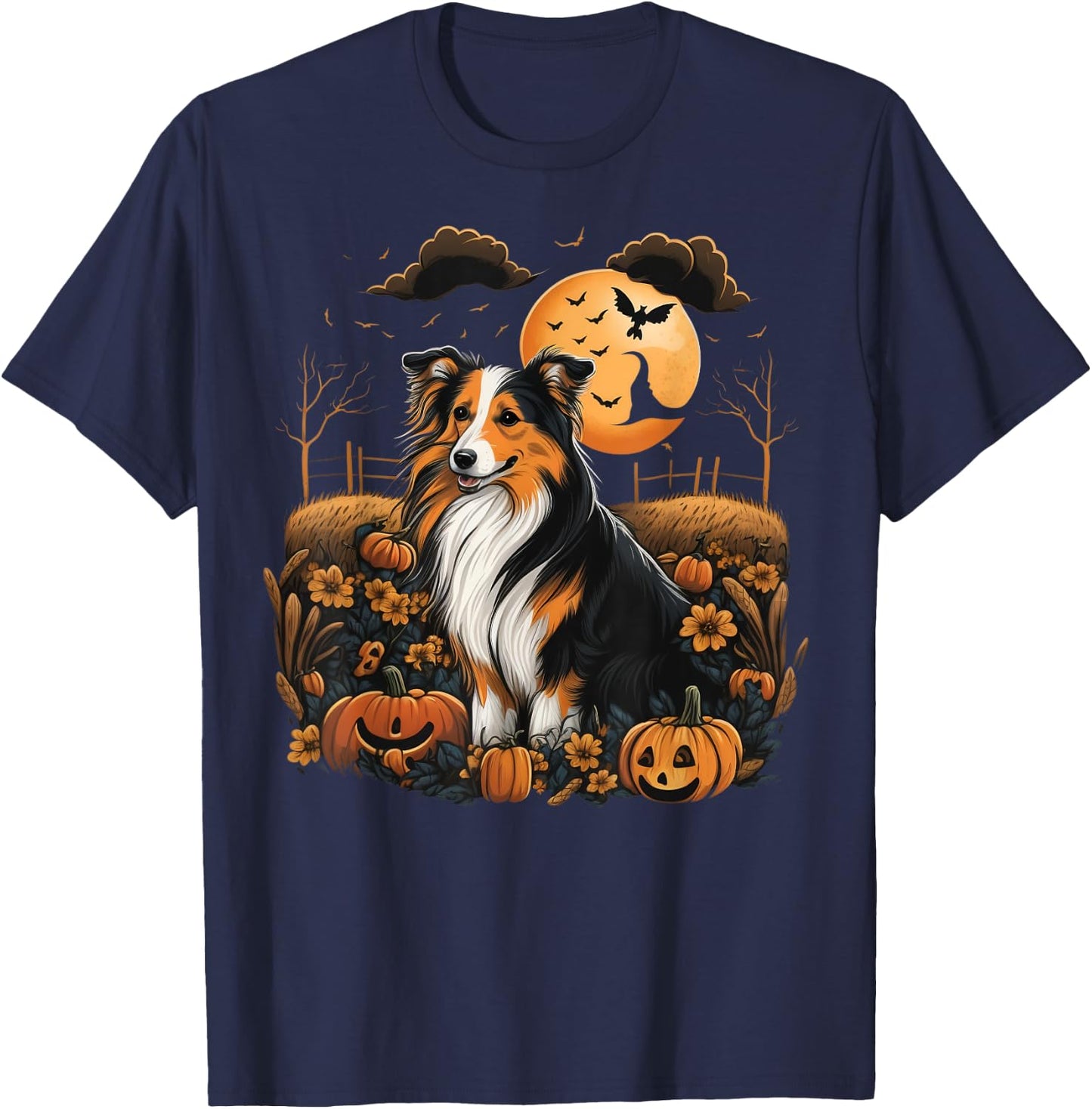 Pumpkin Shetland Sheepdog costume on Sheltie Halloween Women Kids T-Shirt - T-Shirt | Navy