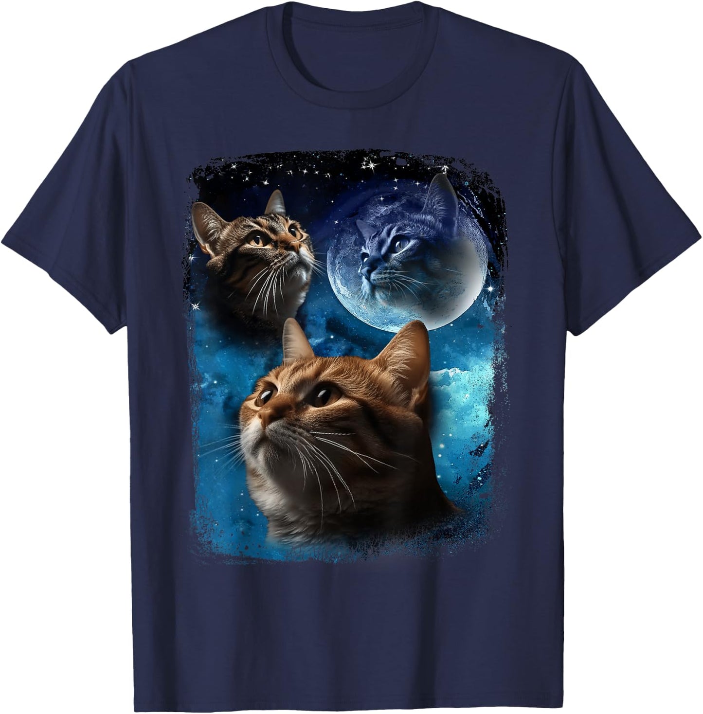 Three Cats Howl at Moon Vintage Funny Cat Howling wolf meme T-Shirt - T-Shirt | Navy
