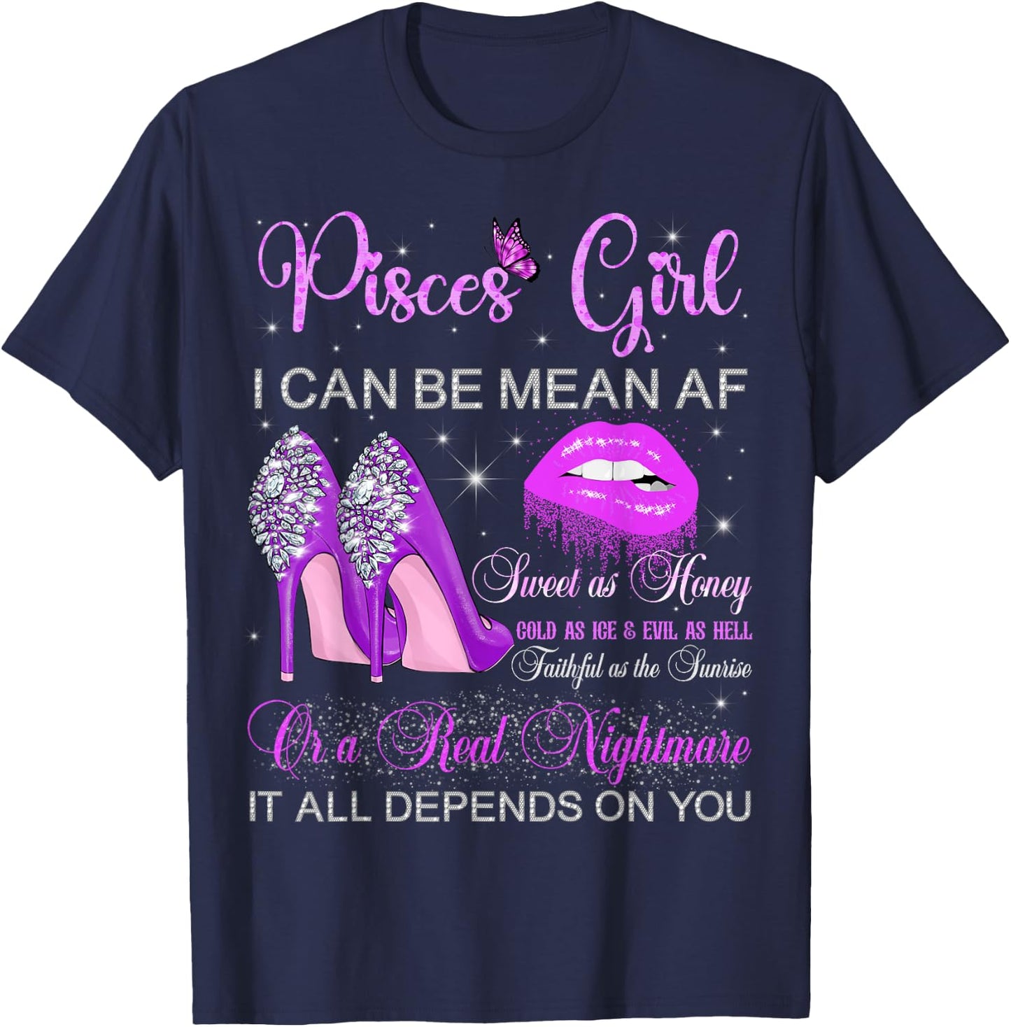 Pisces Girl Birthday High Heels Dripping Lips Zodiac Women T-Shirt - T-Shirt | Navy