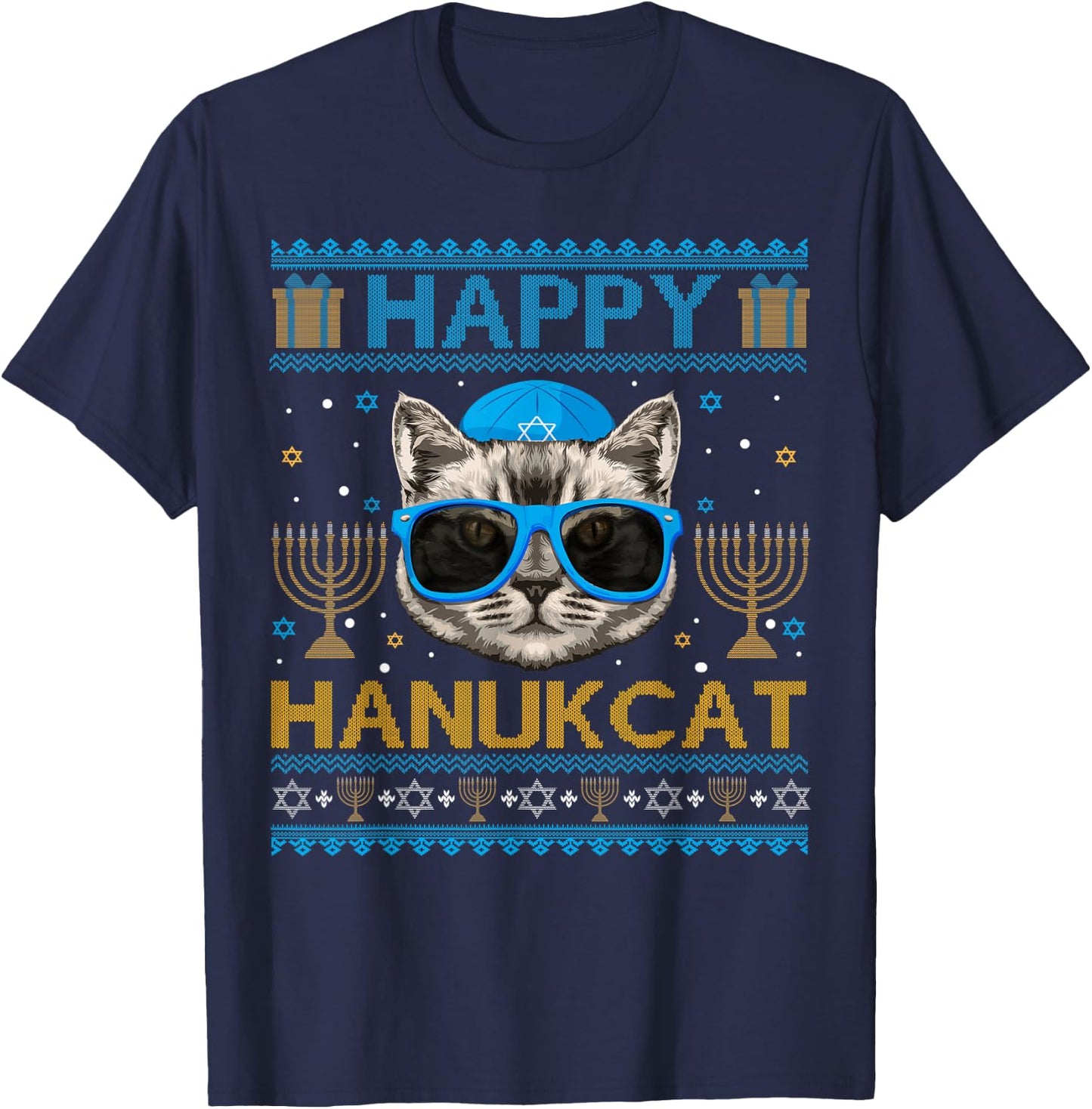 Happy Hanukcat Ugly Hanukkah Sweater Cat Chanukah Jewish T-Shirt - T-Shirt | Navy