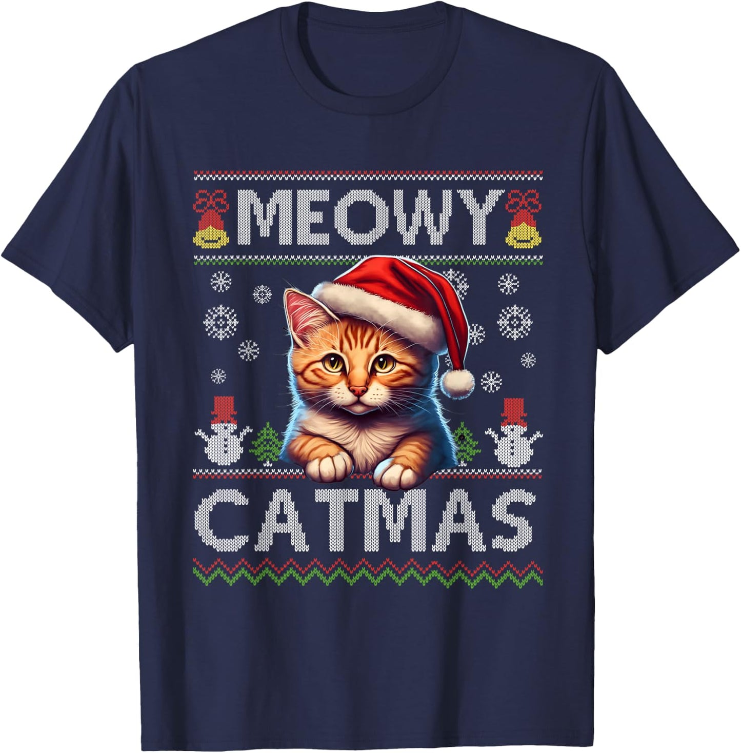 Meowy Catmas Cat Santa Christmas Kitten Xmas Ugly Sweater T-Shirt - T-Shirt | Navy