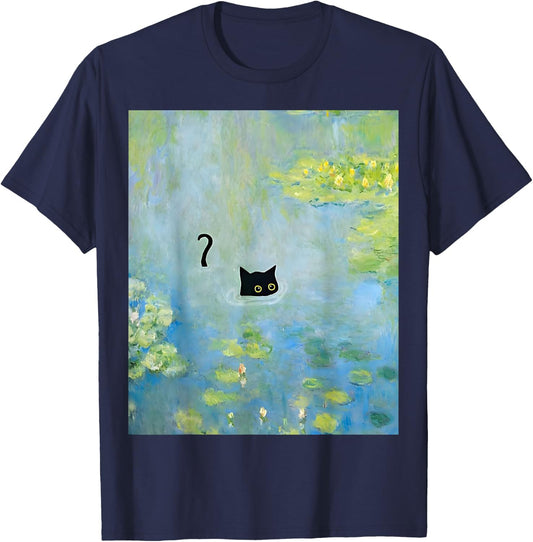 Black Cat Monets Summer Waterlily Women Girls Kids T-Shirt - T-Shirt | Navy