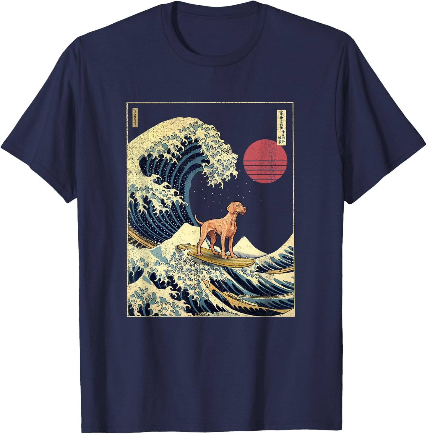 Vizsla Japanese Kanagawa Wave Funny Surf Dog T-Shirt - T-Shirt | Navy