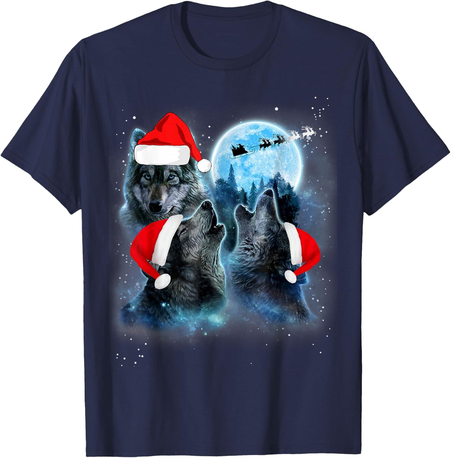 Three Wolves Howling Under Moon Christmas Santa Wolf Lover T-Shirt - T-Shirt | Navy
