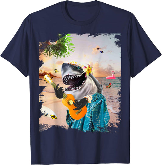 Aloha Hawaiian Shark Playing Ukulele Beach Funny Men Women Girls Kids T-Shirt - T-Shirt | Navy