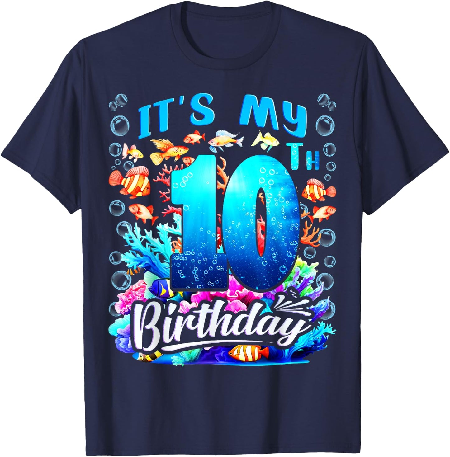 It's My 10th Birthday Boy Sea Fish Ocean Animals Aquarium T-Shirt - T-Shirt | Navy
