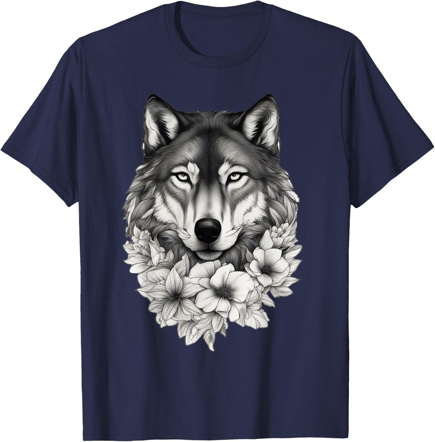 Floral Wolf Lover Flowers Wolf Face For Wolves Lover T-Shirt - T-Shirt | Navy