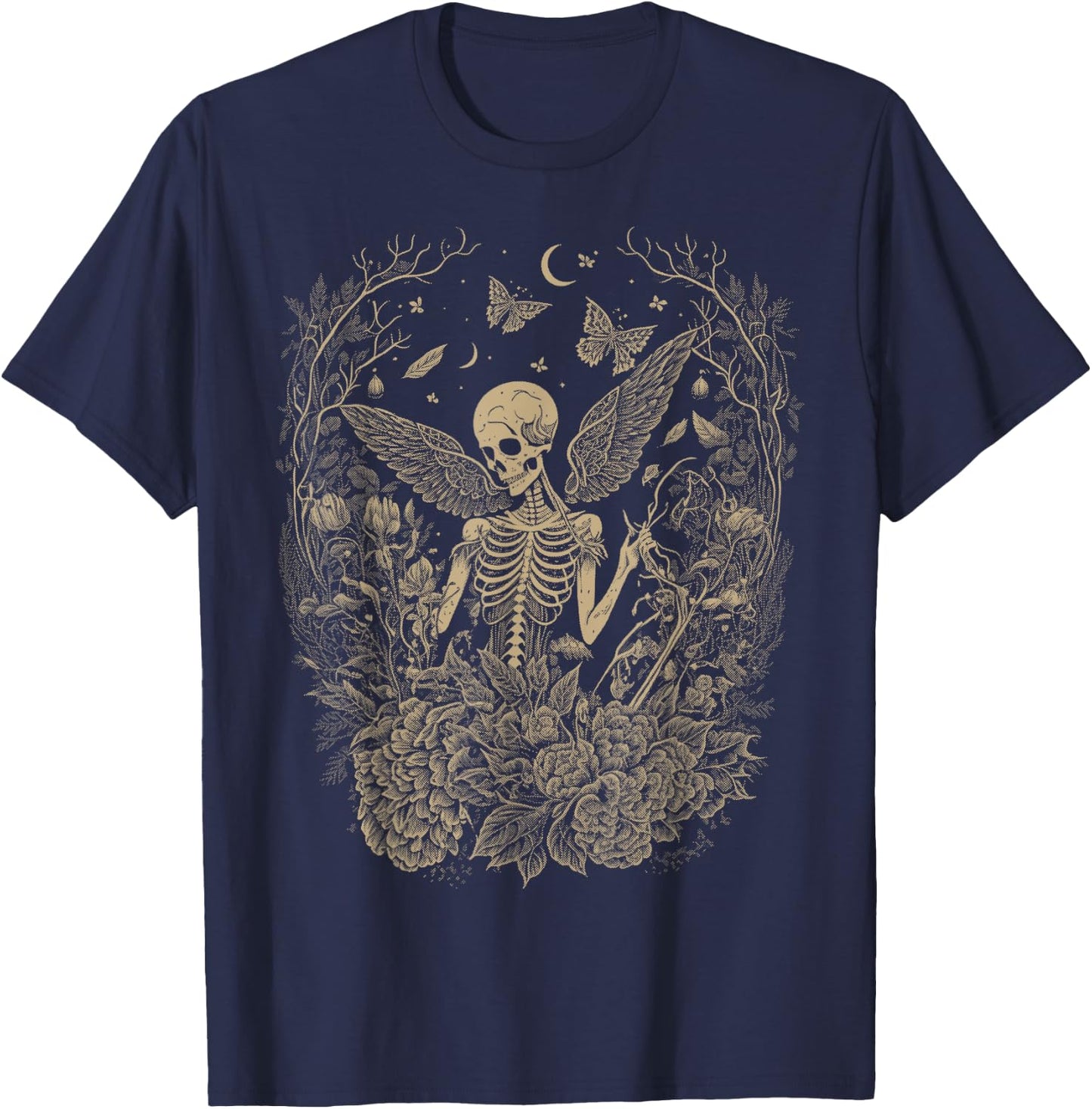 Cute Fairycore Floral Skeleton Aesthetic Girls Women Graphic T-Shirt - T-Shirt | Navy
