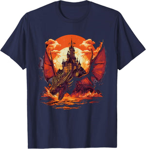 Fire Dragon Fantasy Scene With Castle T-Shirt - T-Shirt | Navy