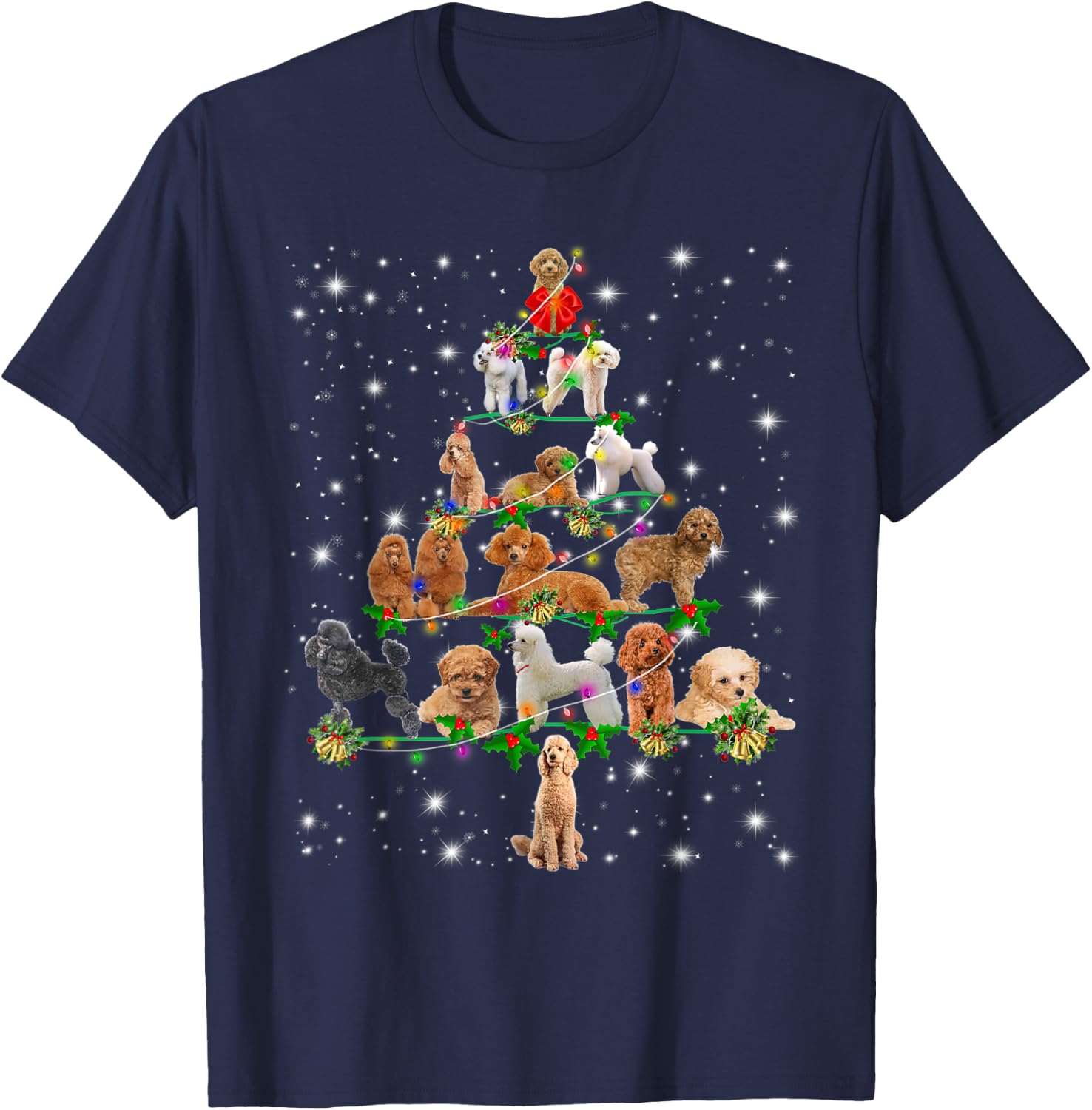 Poodle Christmas Tree Lights Funny Lover Dog Pajamas T-Shirt - T-Shirt | Navy