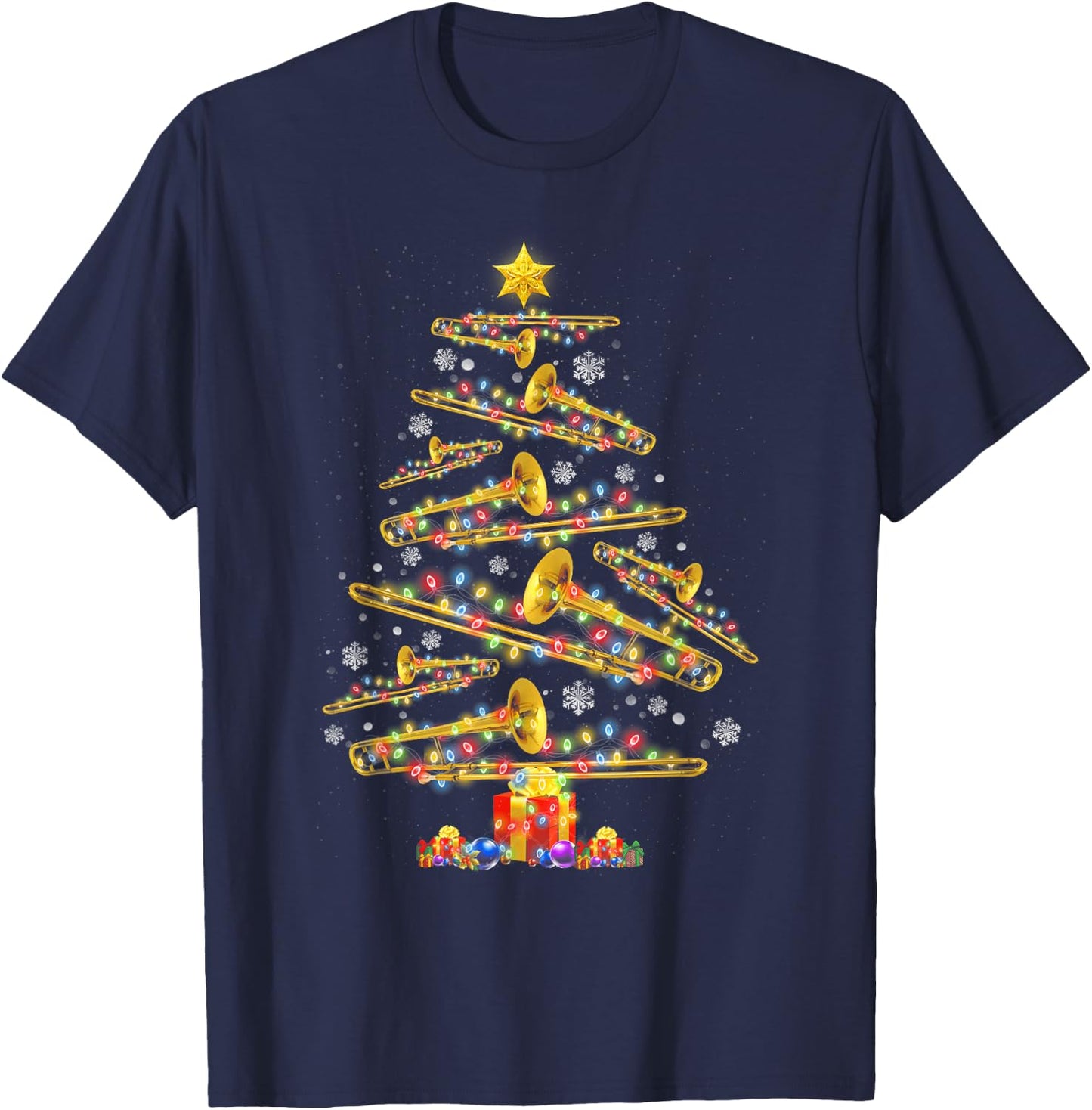 Christmas Trombone Player Xmas Tree Jazz Music Lover Santa T-Shirt - T-Shirt | Navy