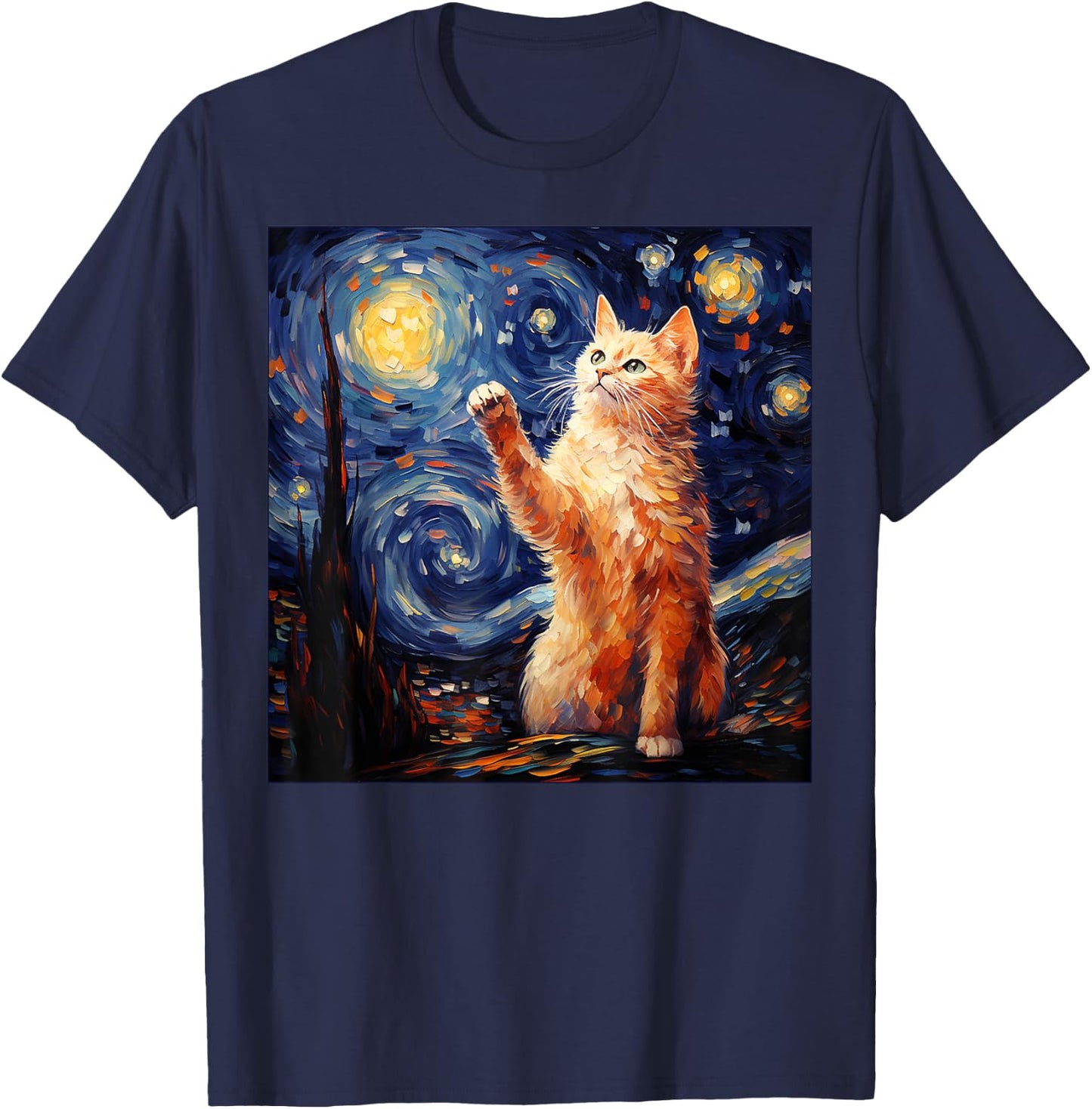 Art Van Gogh Starry Night Cat Gifts for Cats Lover Mom Dad T-Shirt - T-Shirt | Navy