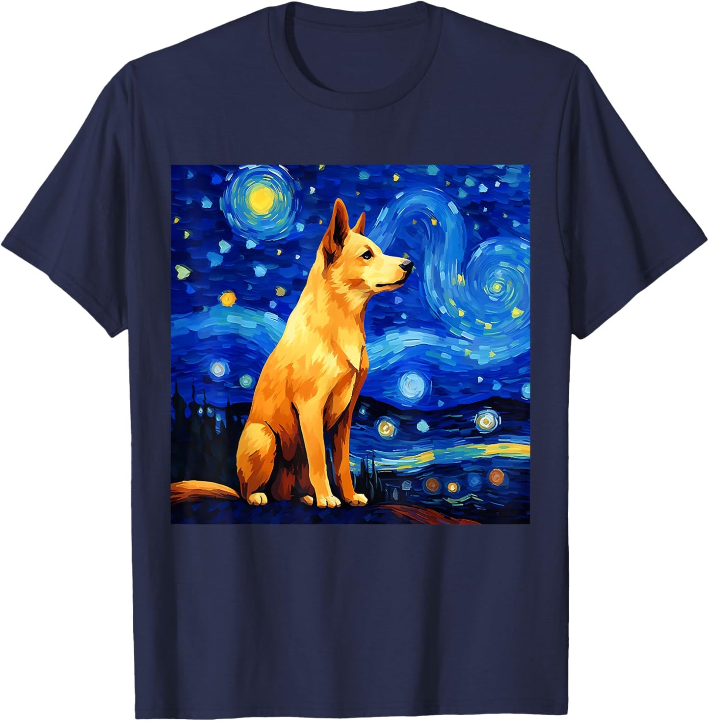 Surreal Starry Night Jindo Dog T-Shirt - T-Shirt | Navy