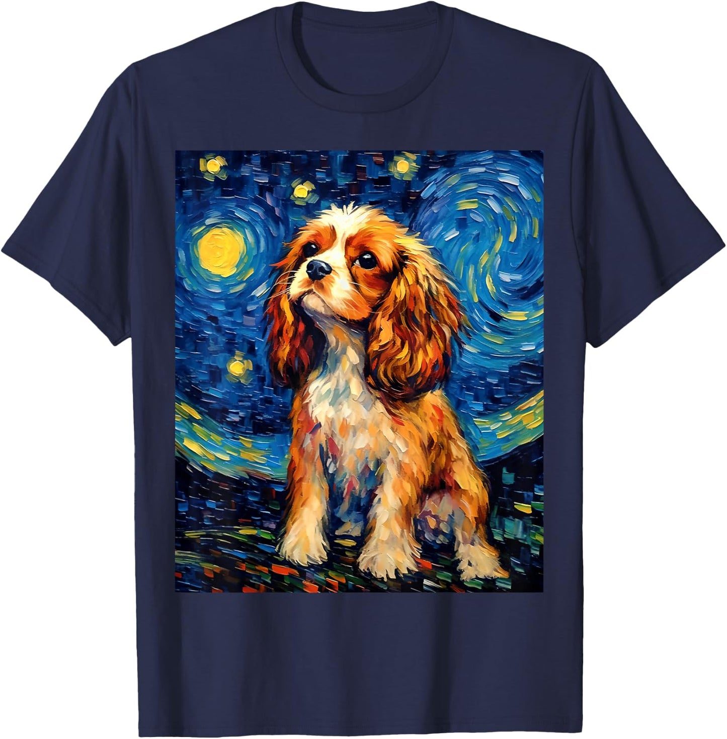 Surreal Starry Night Cavalier King Charles Spaniel Dog T-Shirt - T-Shirt | Navy