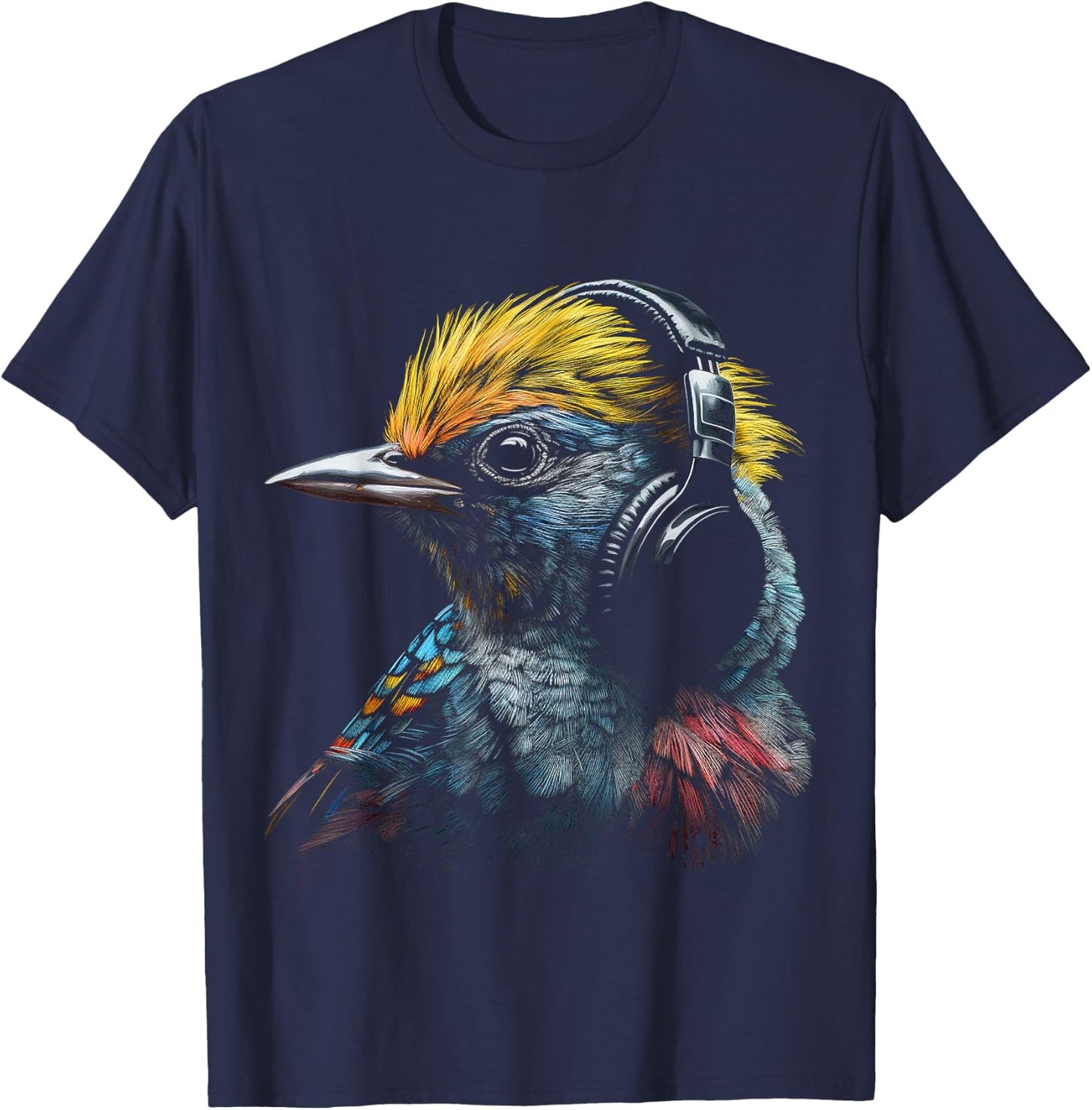 Bird Headphones Artwork | Music Animal Motif Bird T-Shirt - T-Shirt | Navy