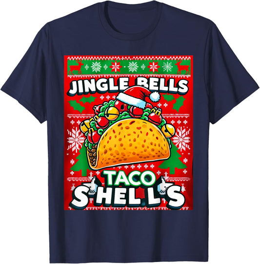 Funny Ugly Christmas Jingle Bells Taco Shells Design T-Shirt - T-Shirt | Navy