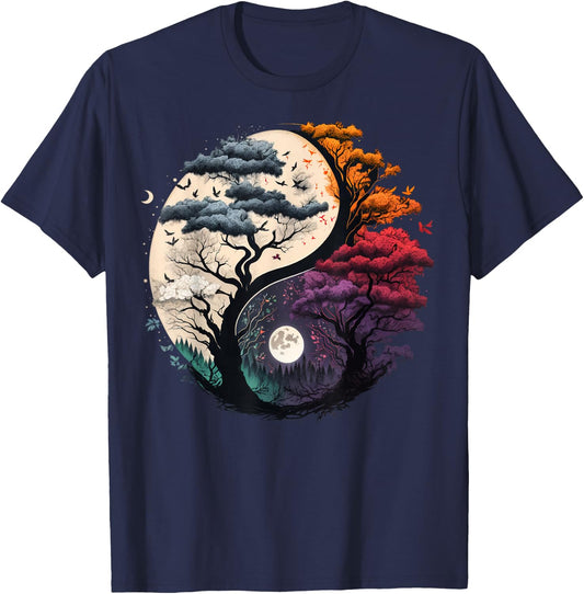 Harmony Feng Shui Taoist Yin Yang Balance symbol Adults Black Tree of Life Yin Yang Small (6/8) Short Sleeve T-Shirt - T-Shirt | Navy