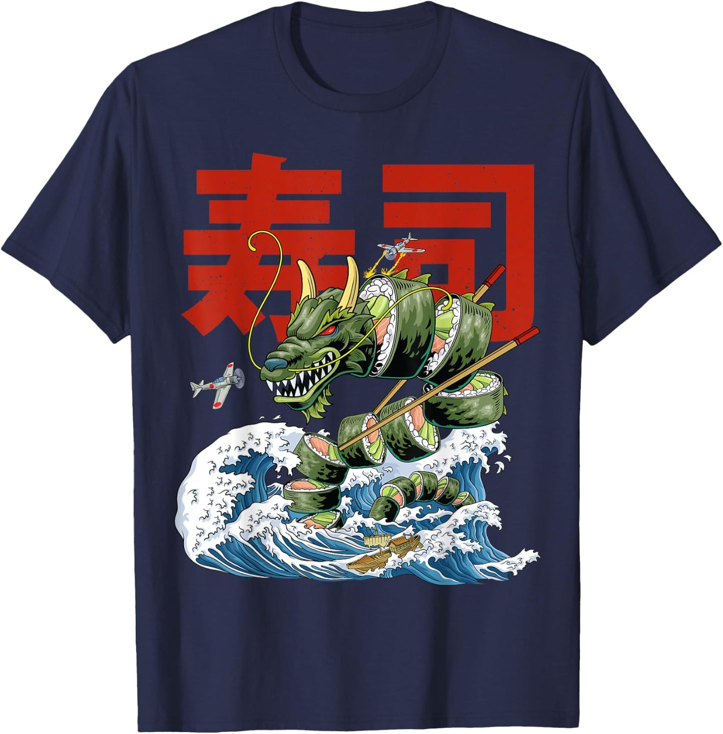 Great Sushi Dragon Kanagawa Wave Roll Japanese Food Kawaii T-Shirt - T-Shirt | Navy