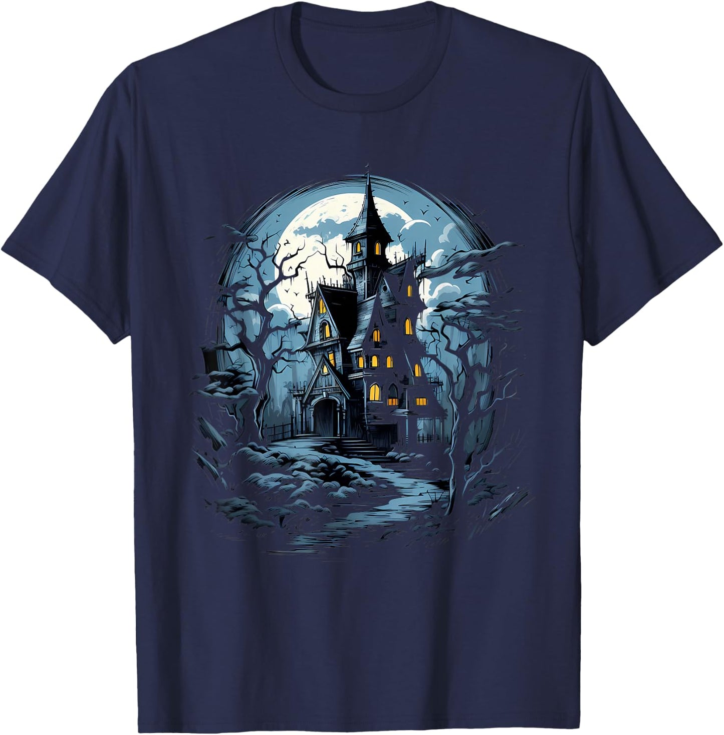 Haunted NIght Escape: Halloween House Intrigue T-Shirt - T-Shirt | Navy