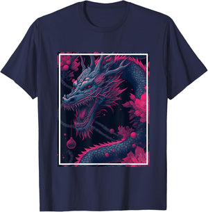Dragon Japan Cherry Blossoms Japanese Neon Flowers T-Shirt - T-Shirt | Navy