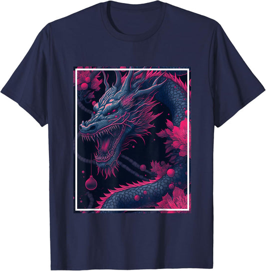 Dragon Japan Cherry Blossoms Japanese Neon Flowers T-Shirt - T-Shirt | Navy
