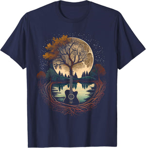 Acoustic Guitar Tree and Moon by The Lake Guitarist T-Shirt - T-Shirt | Navy