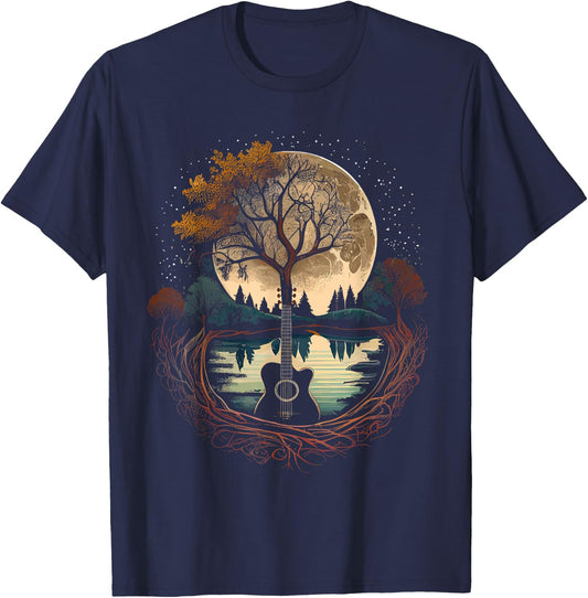 Acoustic Guitar Tree and Moon by The Lake Guitarist T-Shirt - T-Shirt | Navy