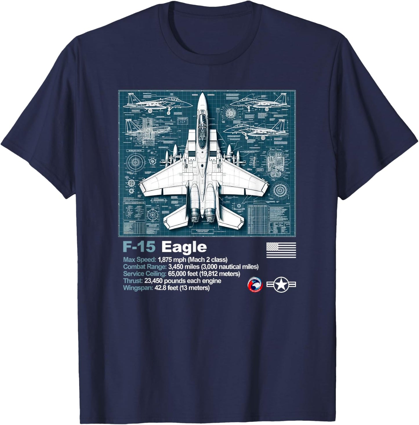 F15 Fighter Jet Blueprint Technical Drawings and Specs T-Shirt - T-Shirt | Navy