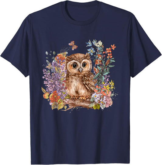 Cute Cottagecore Floral Owl Aesthetic Girls Women Graphic T-Shirt - T-Shirt | Navy