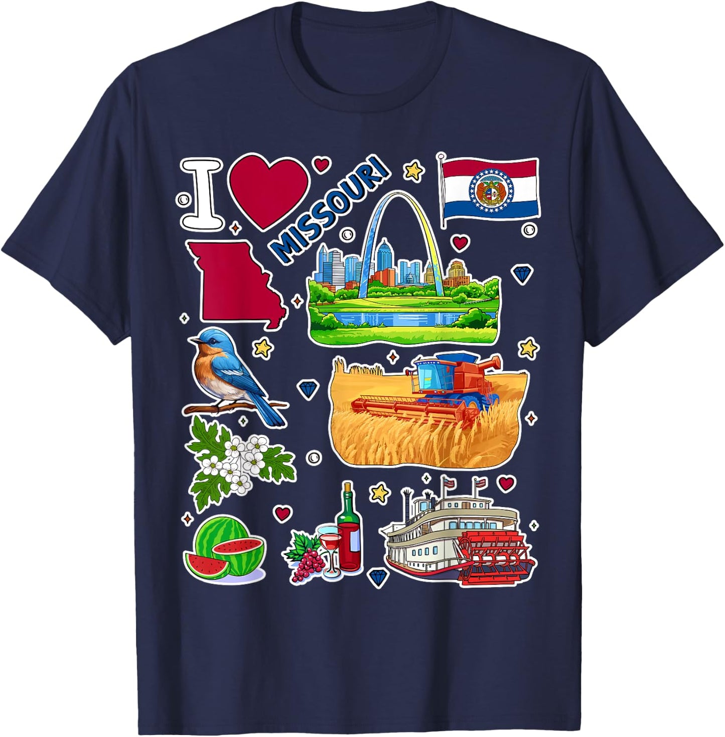Missouri map, hand drawn Missouri State Symbols and icons T-Shirt - T-Shirt | Navy