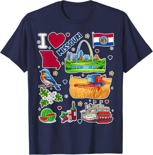 Missouri map, hand drawn Missouri State Symbols and icons T-Shirt - T-Shirt | Navy