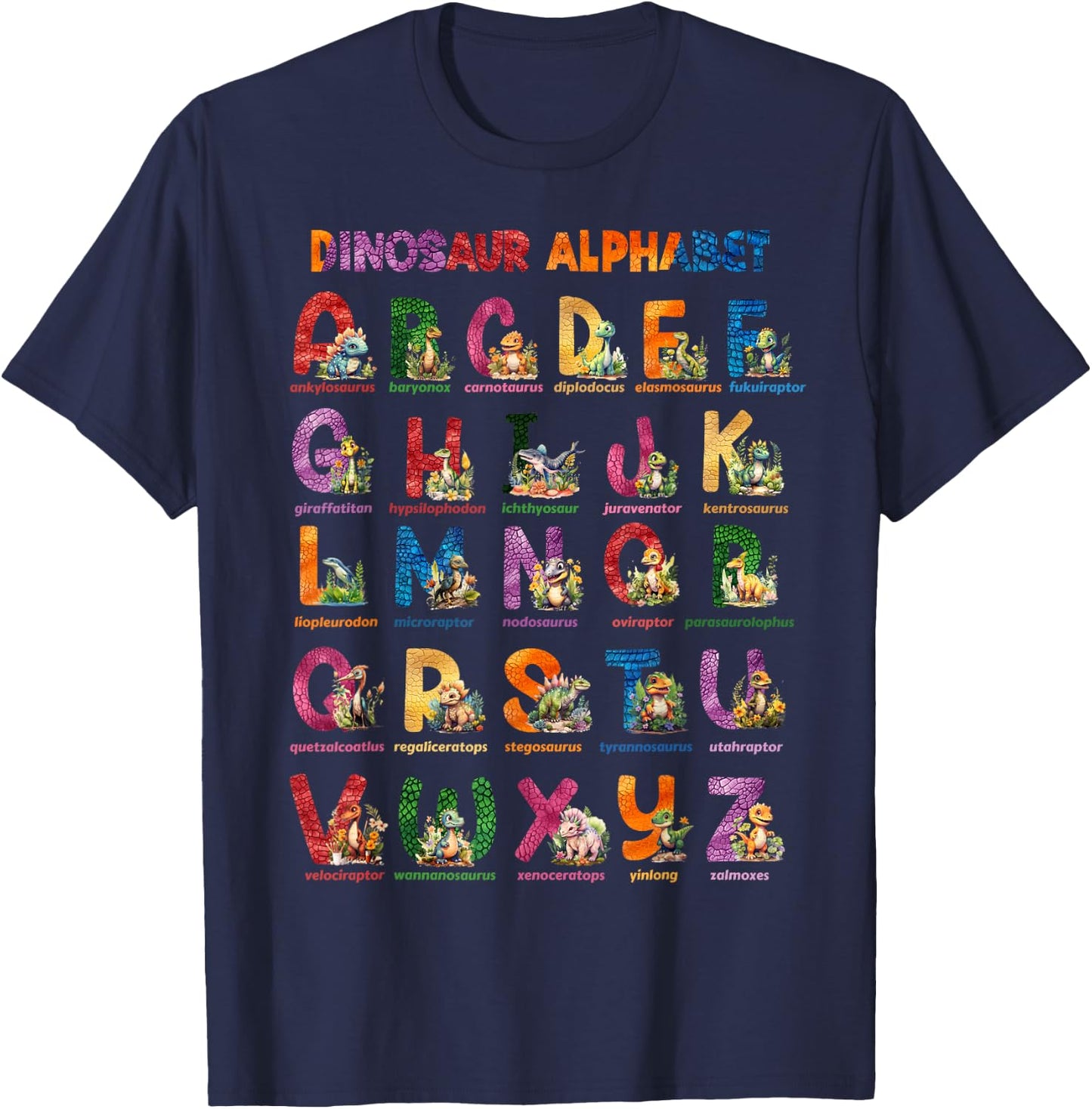 Cute Educational Dinosaur Alphabet ABC Baby Dino T-Shirt - T-Shirt | Navy