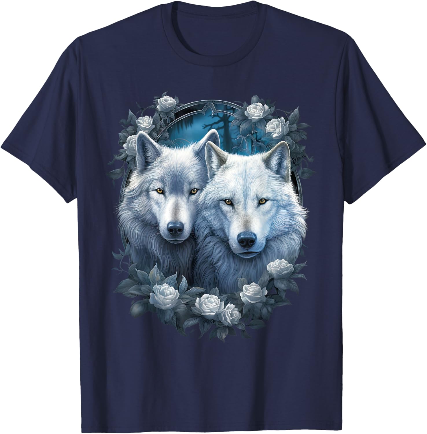 Wolf Wolves with white Roses Fantasy Art Wildlife T-Shirt - T-Shirt | Navy