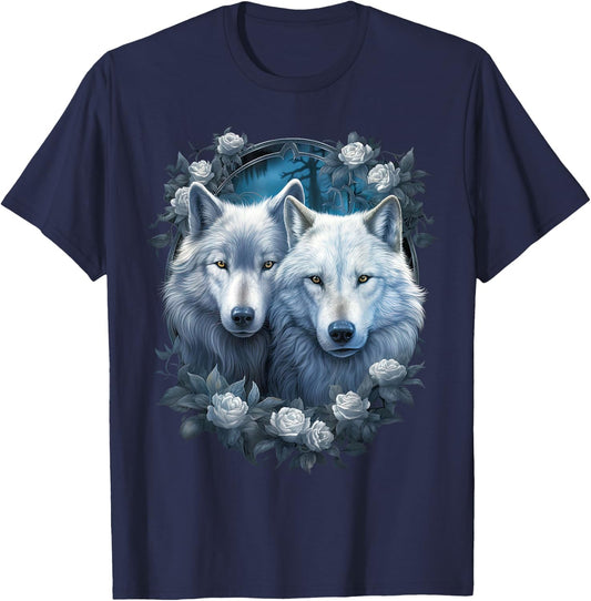 Wolf Wolves with white Roses Fantasy Art Wildlife T-Shirt - T-Shirt | Navy