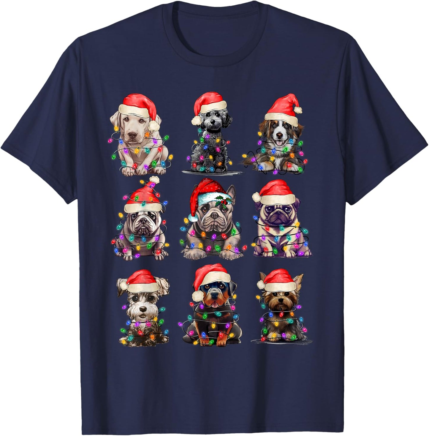 Christmas Dogs Xmas Lights Holiday Pajama Matching Family T-Shirt - T-Shirt | Navy