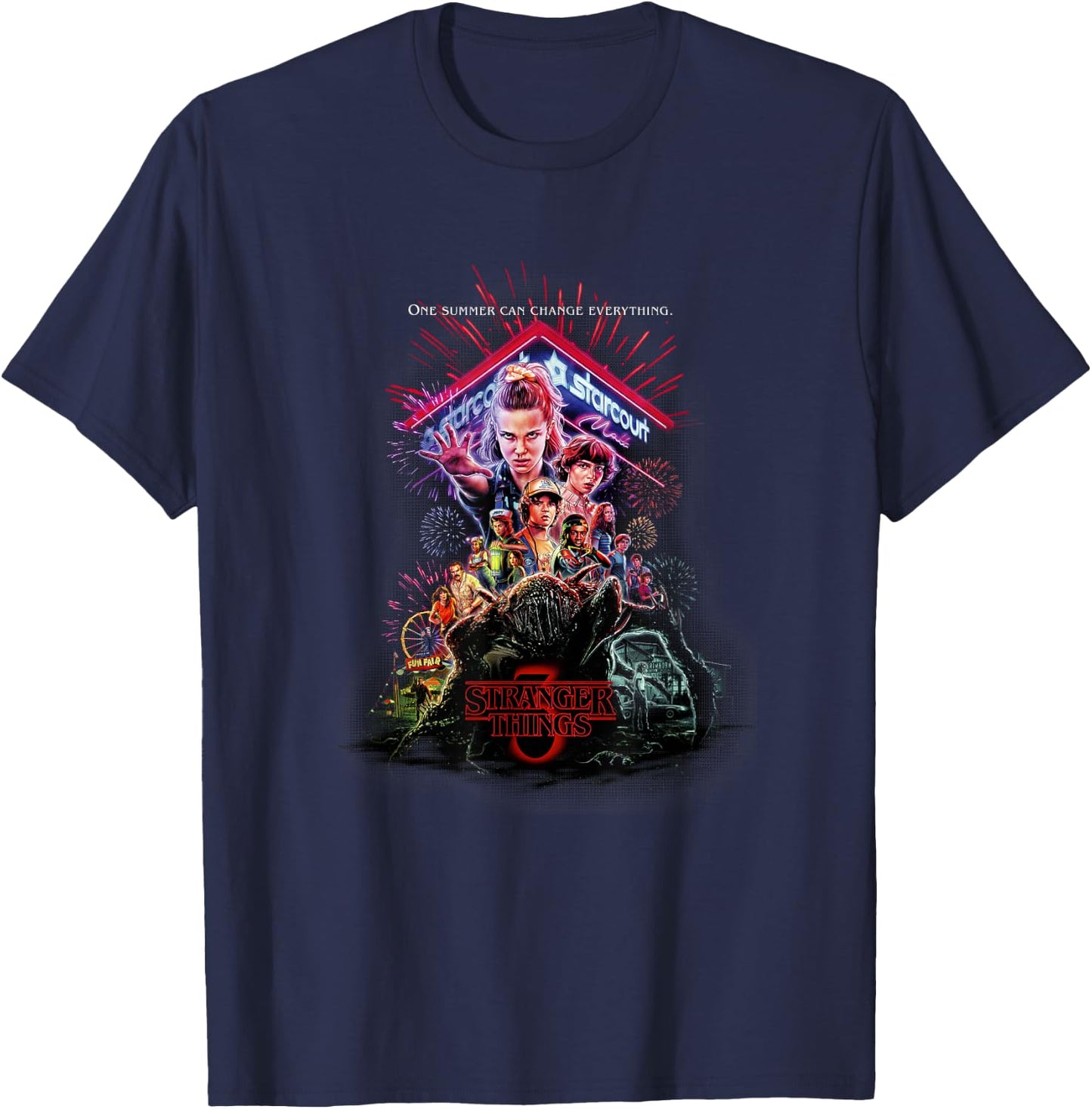 Stranger Things 3 Characters At Starcourt Mall Neon Vintage T-Shirt - T-Shirt | Navy