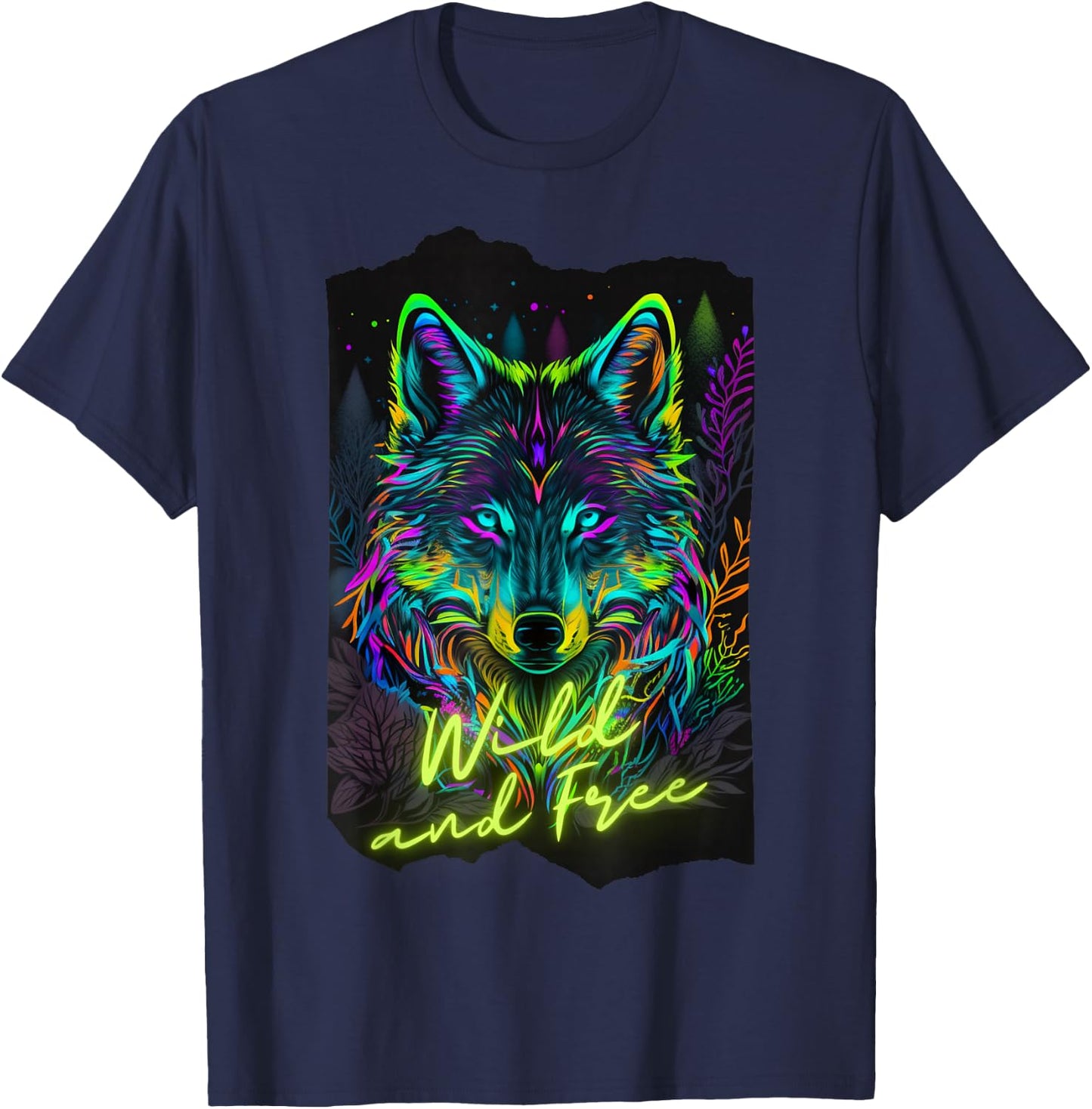 Retro 80s Vaporwave Synthwave Wolf Colorful Black Light Cool T-Shirt - T-Shirt | Navy
