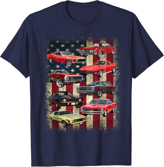 Vintage Classic Muscle Car Retro American Flag Patriotic T-Shirt - T-Shirt | Navy