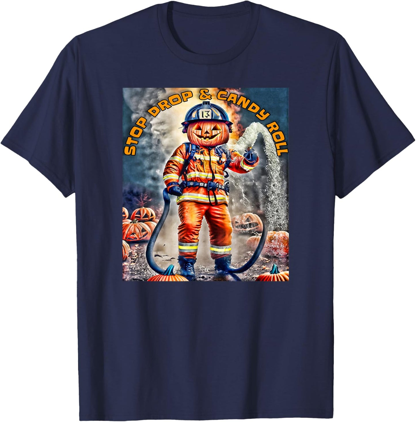 Halloween Pumpkin Firefighter Stop Drop And Roll a Firehouse T-Shirt - T-Shirt | Navy