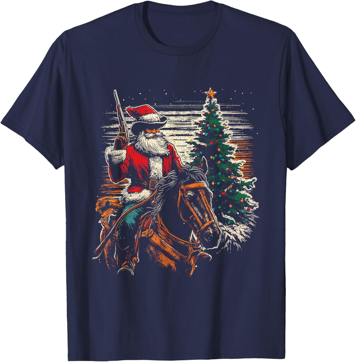 Santa Claus Cowboy - Vintage Christmas Tree Cowboy Lover T-Shirt - T-Shirt | Navy