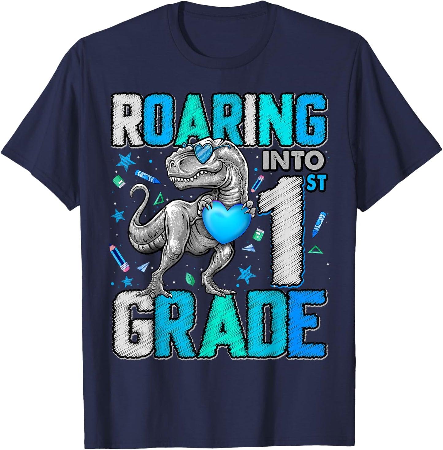 Roaring Into 1st Grade Dinosaur T Rex Back To School Boys T-Shirt - T-Shirt | Navy
