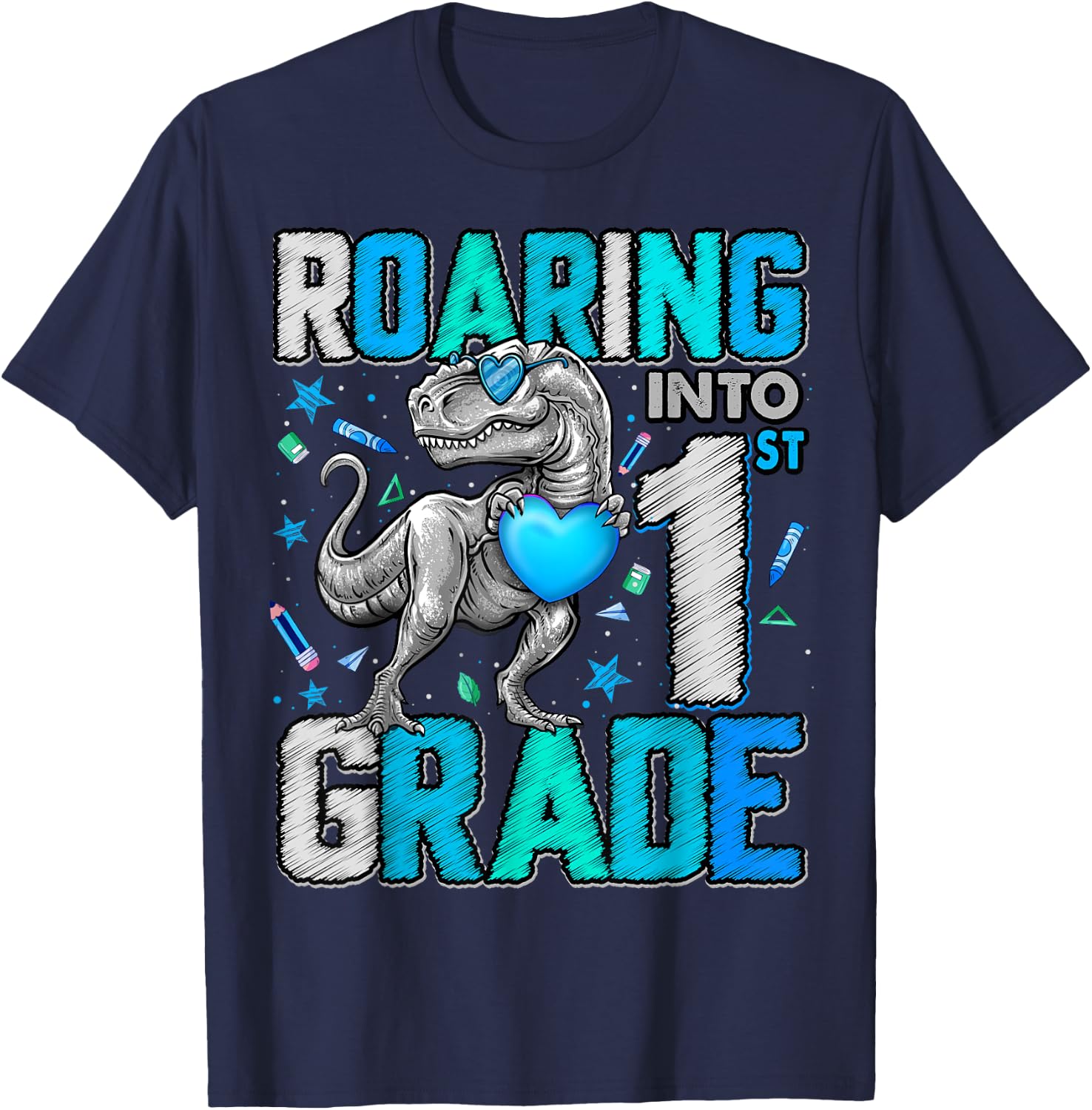 Roaring Into 1st Grade Dinosaur T Rex Back To School Boys T-Shirt - T-Shirt | Navy