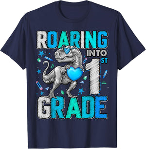 Roaring Into 1st Grade Dinosaur T Rex Back To School Boys T-Shirt - T-Shirt | Navy