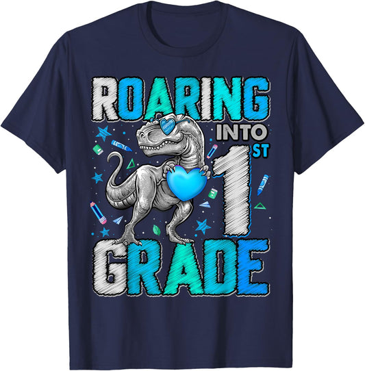 Roaring Into 1st Grade Dinosaur T Rex Back To School Boys T-Shirt - T-Shirt | Navy