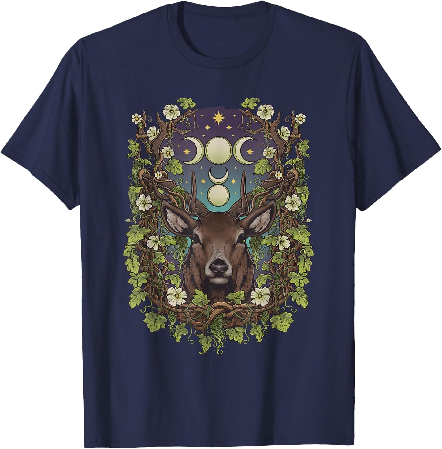 Art Nouveau Cernunnos Stag Bohemian Nature Moon Phases Wicca T-Shirt - T-Shirt | Navy
