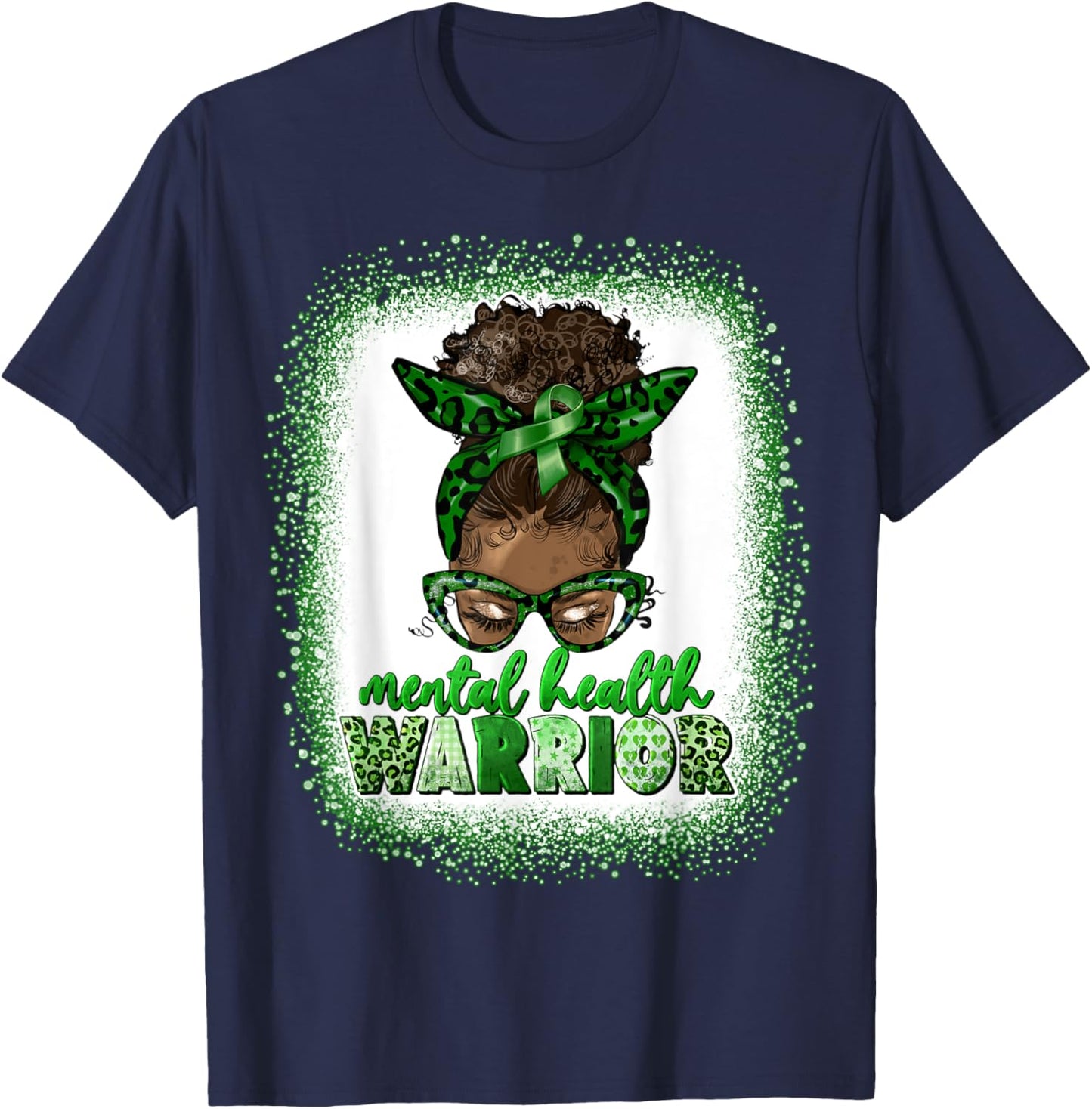 Mental Health Warrior Afro Messy Bun Leopard Black Women T-Shirt - T-Shirt | Navy